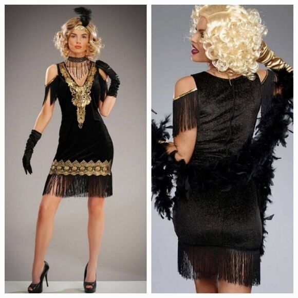 💜Black & Gold Flapper Costume Dress Small - Picture 2 of 16